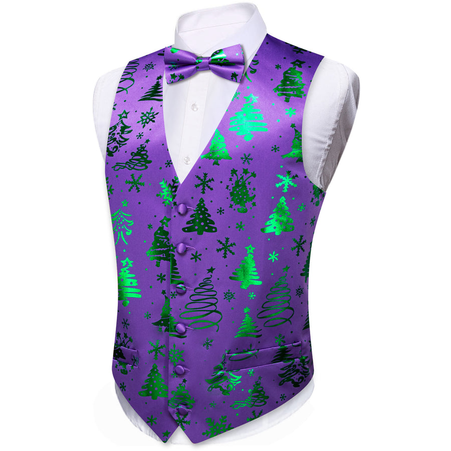 Purple Green Christmas Tree Novelty Silk Bowtie Vest Set vest set - Sophisticated Gentlemen