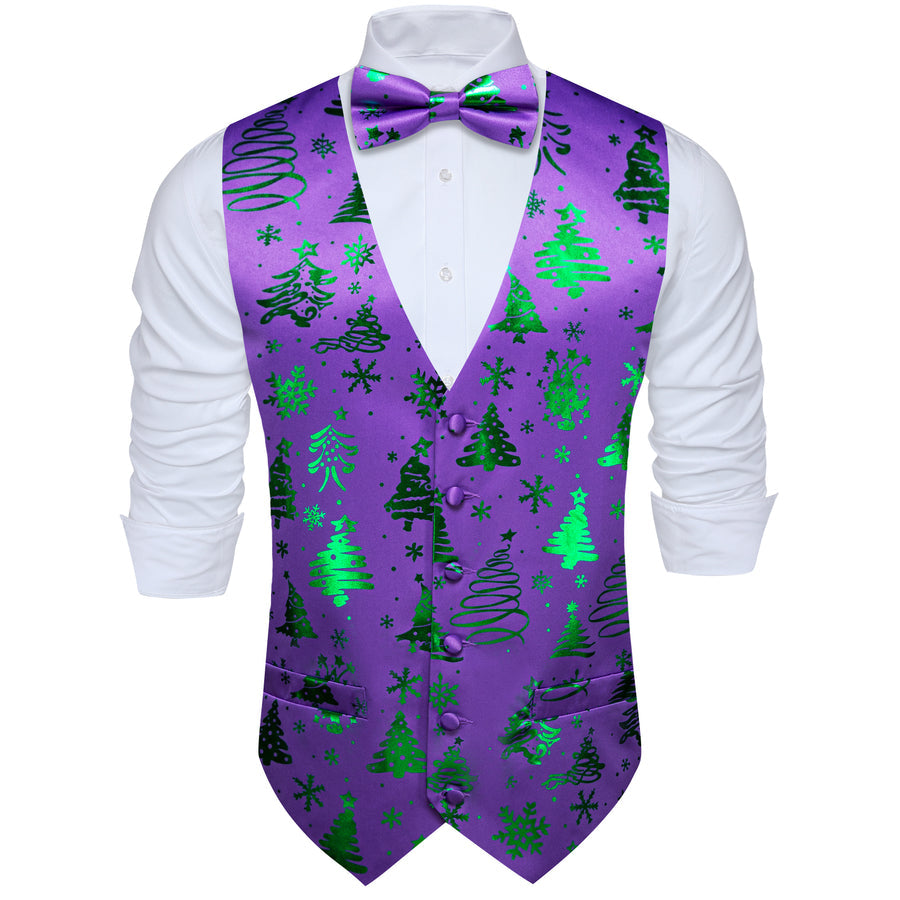 Purple Green Christmas Tree Novelty Silk Bowtie Vest Set vest set - Sophisticated Gentlemen