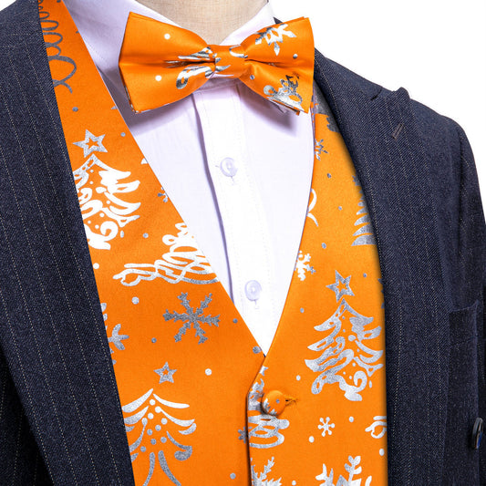 Orange Silver Christmas Tree Novelty Silk Men's Bowtie Vest Set vest set S (Chest 40")   - Sophisticated Gentlemen