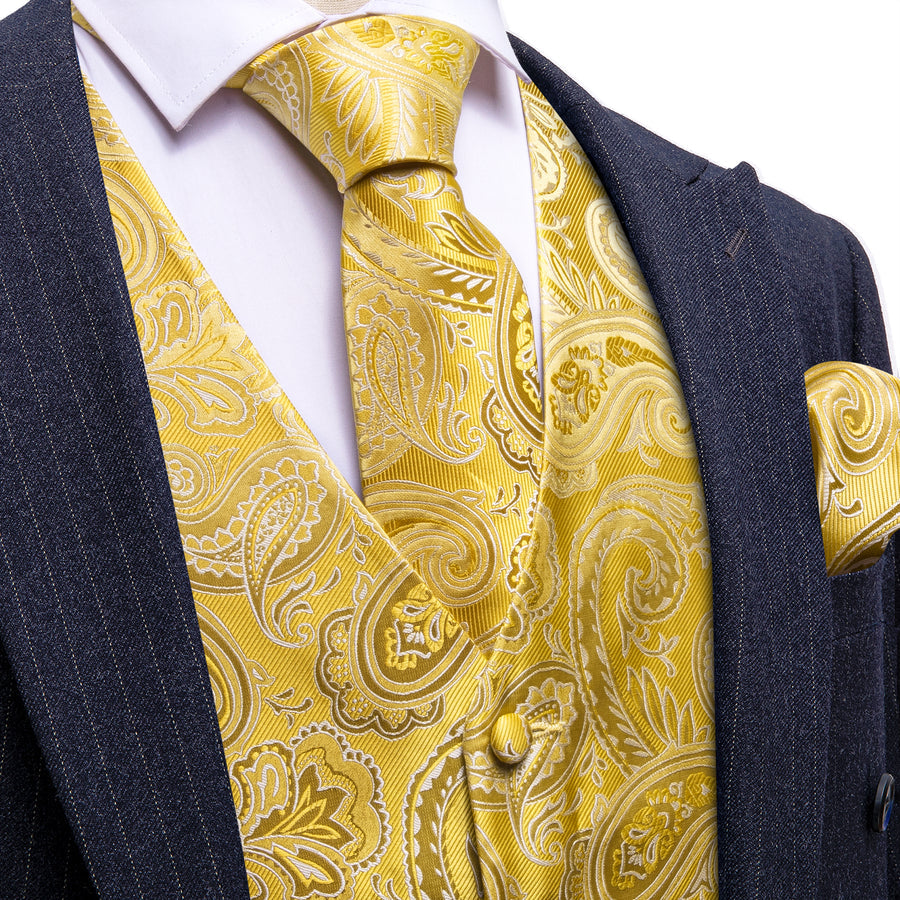 Yellow Paisley Silk Men's Vest Set vest set S (Chest 40") - Sophisticated Gentlemen