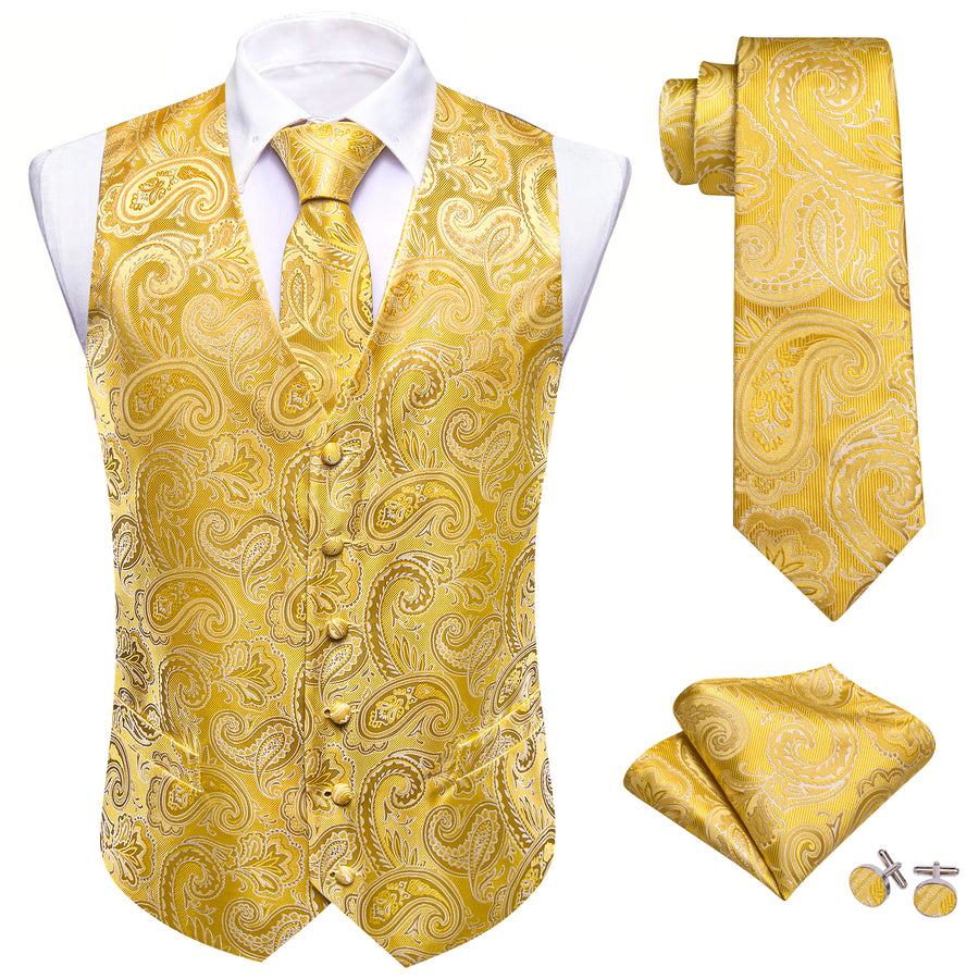 Yellow Paisley Silk Men's Vest Set vest set - Sophisticated Gentlemen
