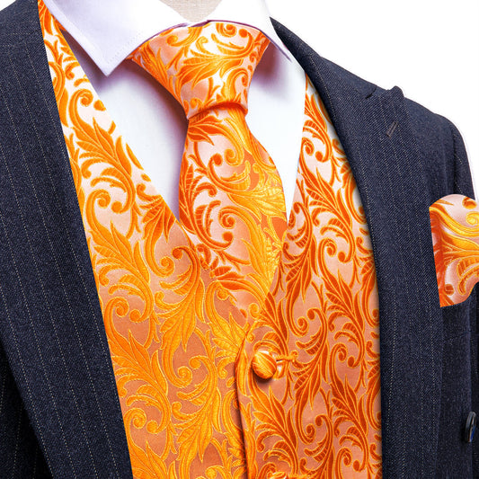 Orange Floral Silk Men's Vest Set vest set S (Chest 40")   - Sophisticated Gentlemen