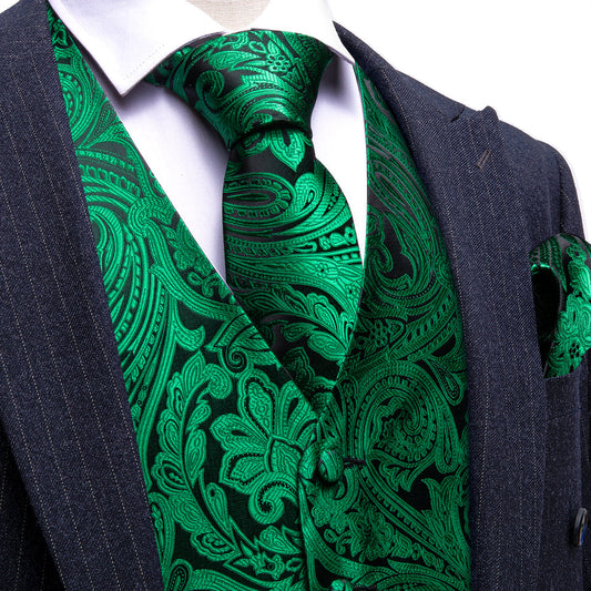 Black Emerald Green Floral Silk Men's Vest Set vest set S (Chest 40")   - Sophisticated Gentlemen