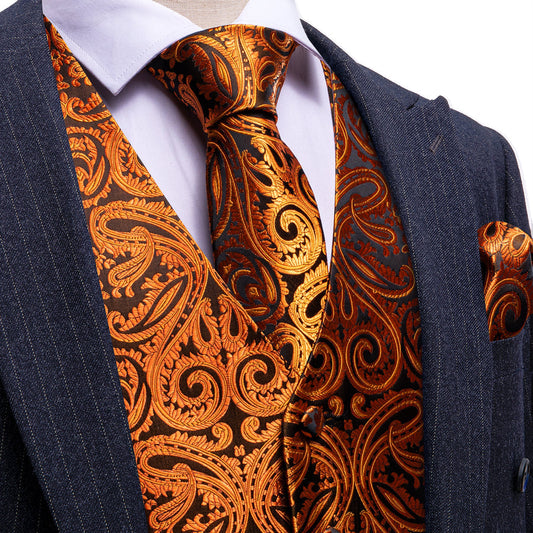 Black Gold Paisley Silk Luxury Men's Vest Set vest set S (Chest 40")   - Sophisticated Gentlemen