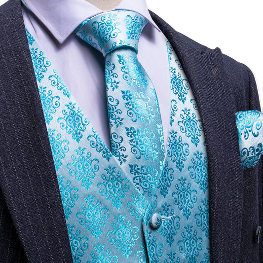 Sky Blue Jacquard Woven Classic Vest Set vest set S (Chest 40")   - Sophisticated Gentlemen
