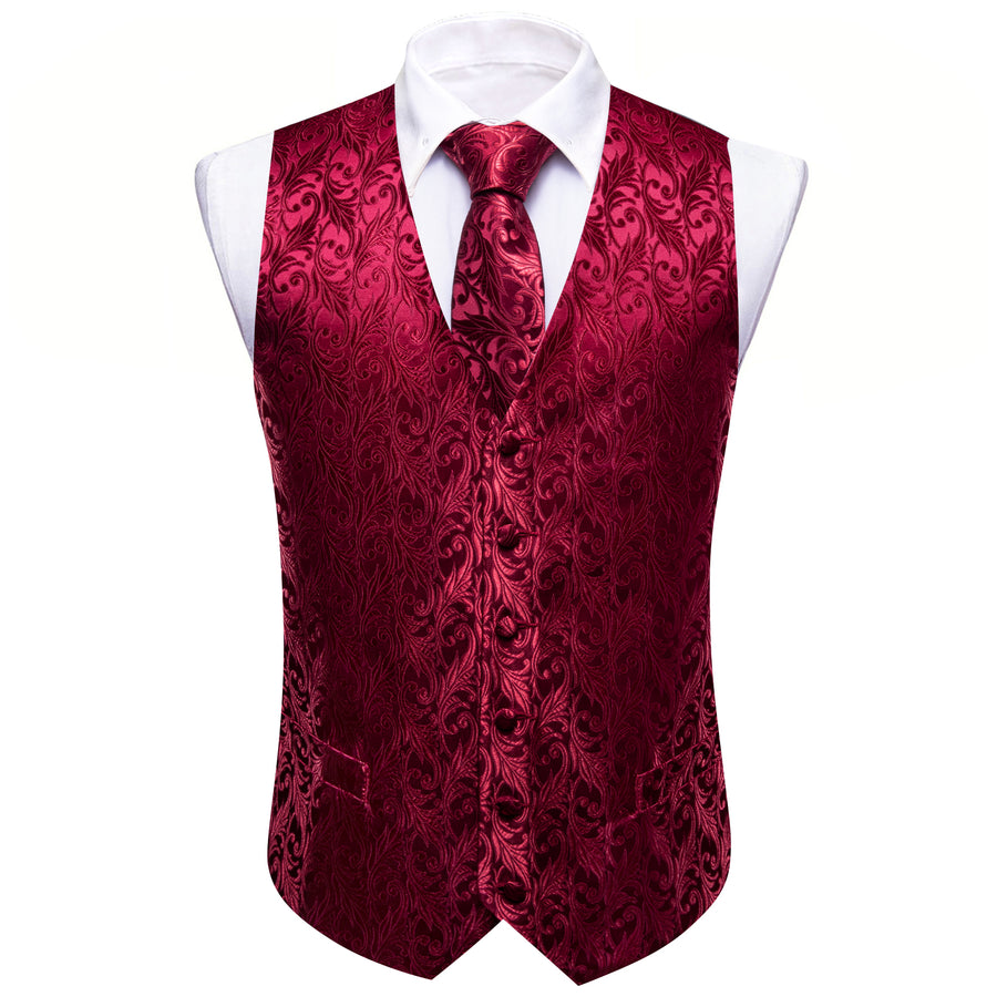 Wine Red Floral Silk Luxury Men's Vest Set vest set - Sophisticated Gentlemen