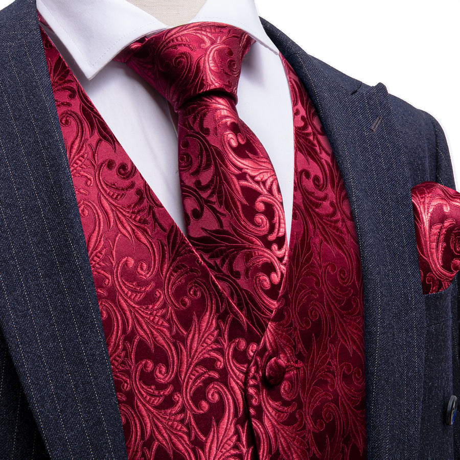 Wine Red Floral Silk Luxury Men's Vest Set vest set S (Chest 40") - Sophisticated Gentlemen