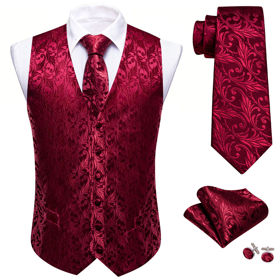 Wine Red Floral Silk Luxury Men's Vest Set vest set - Sophisticated Gentlemen