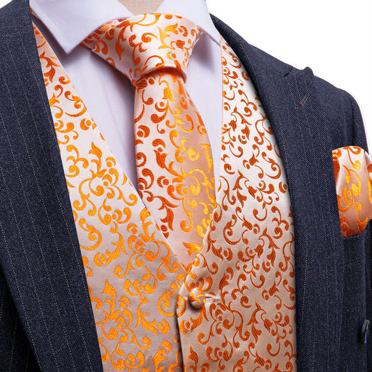 Orange Floral Silk Luxury Men's Vest Set vest set S (Chest 40")   - Sophisticated Gentlemen
