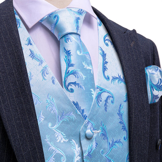 Blue Floral Silk Men's Vest Set vest set S (Chest 40")   - Sophisticated Gentlemen