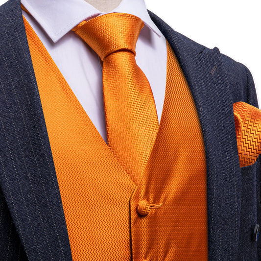 Orange Solid Herringbone Woven Vest Set vest set S (Chest 40")   - Sophisticated Gentlemen