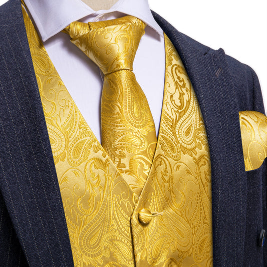 Golden Yellow Formal Floral Paisley Men's Vest Set vest set S (Chest 40")   - Sophisticated Gentlemen
