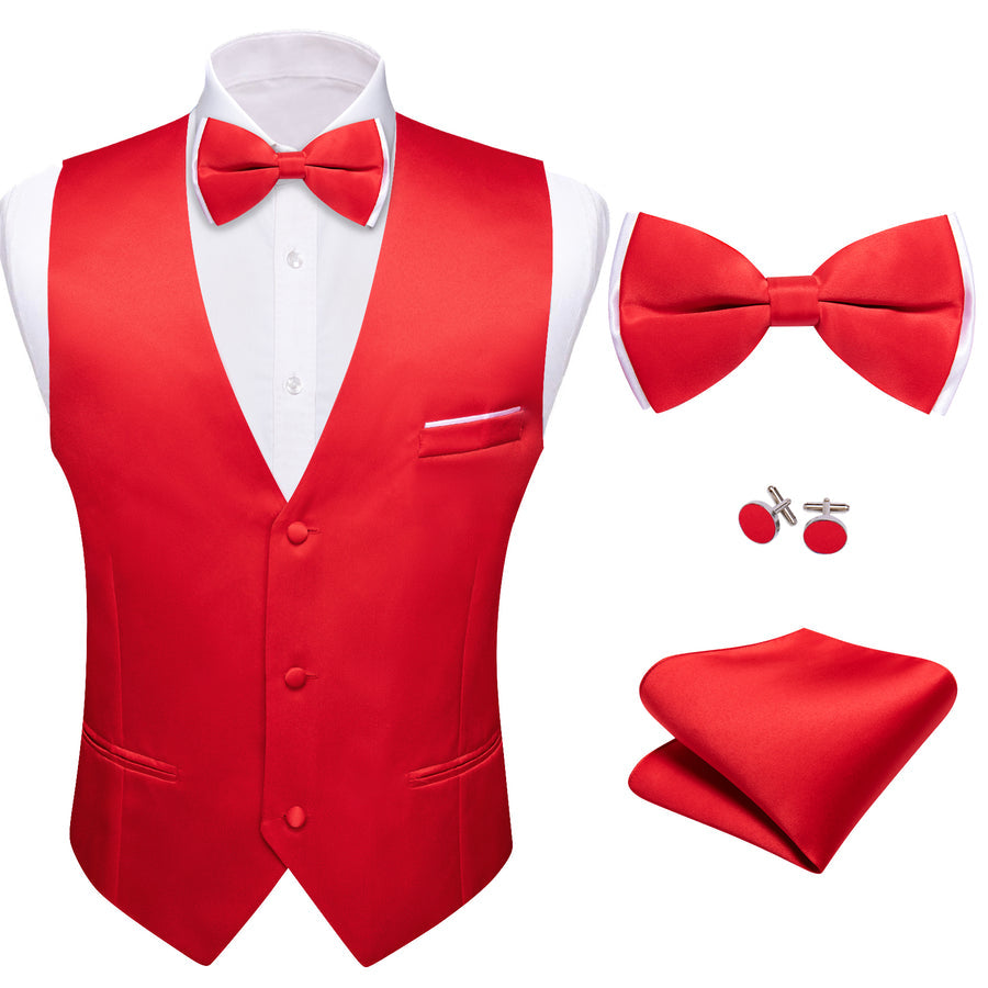 Red Solid Silk Men's Bowtie Vest Set vest set - Sophisticated Gentlemen