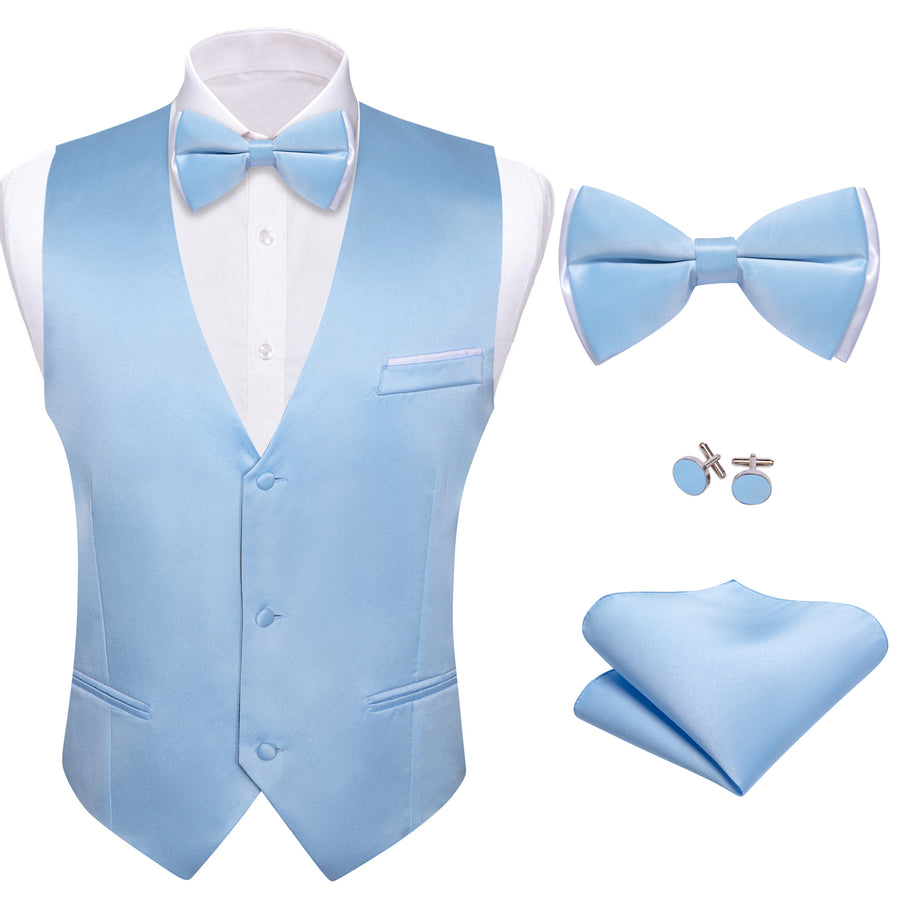 Sky Blue Solid Silk Men's Bowtie Vest Set vest set - Sophisticated Gentlemen