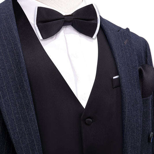 Dark Black Solid Silk Men's Bowtie Vest Set vest set S (Chest 40")   - Sophisticated Gentlemen