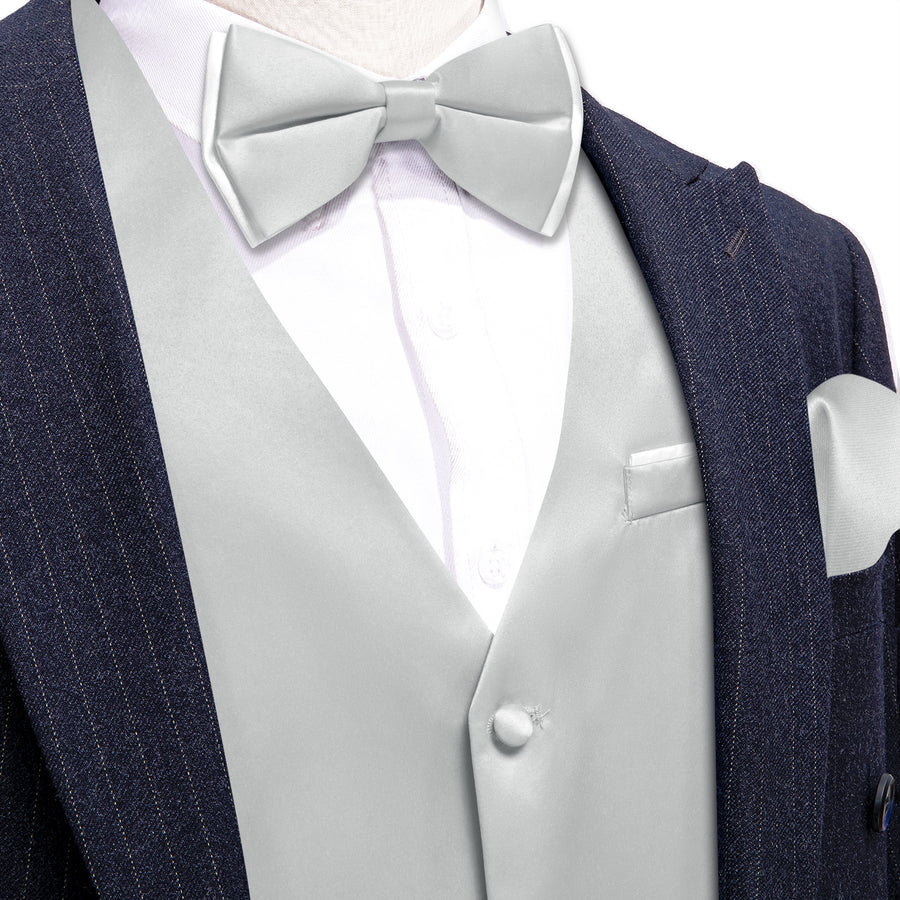 Cloud Gray Solid Silk Men's Bowtie Vest Set vest set S (Chest 40")   - Sophisticated Gentlemen