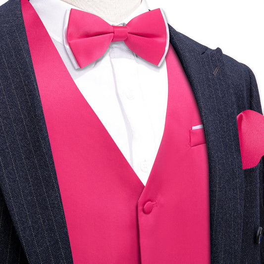 Deep Pink Solid Silk Men's Bowtie Vest Set vest set S (Chest 40")   - Sophisticated Gentlemen