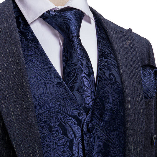 Deep Blue Formal Floral Jacquard Men's Vest Set vest set S (Chest 40")   - Sophisticated Gentlemen