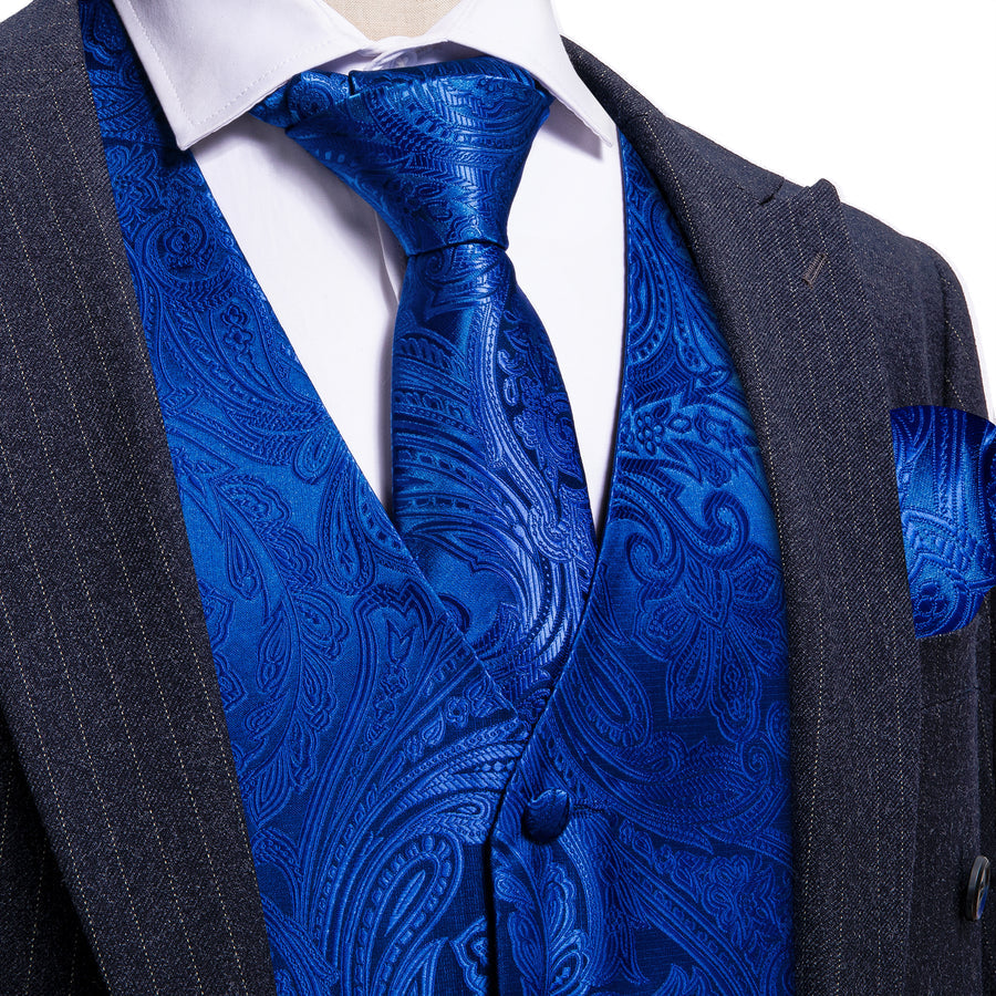 Royal Blue Floral Jacquard Men's Vest Set vest set S (Chest 40") - Sophisticated Gentlemen