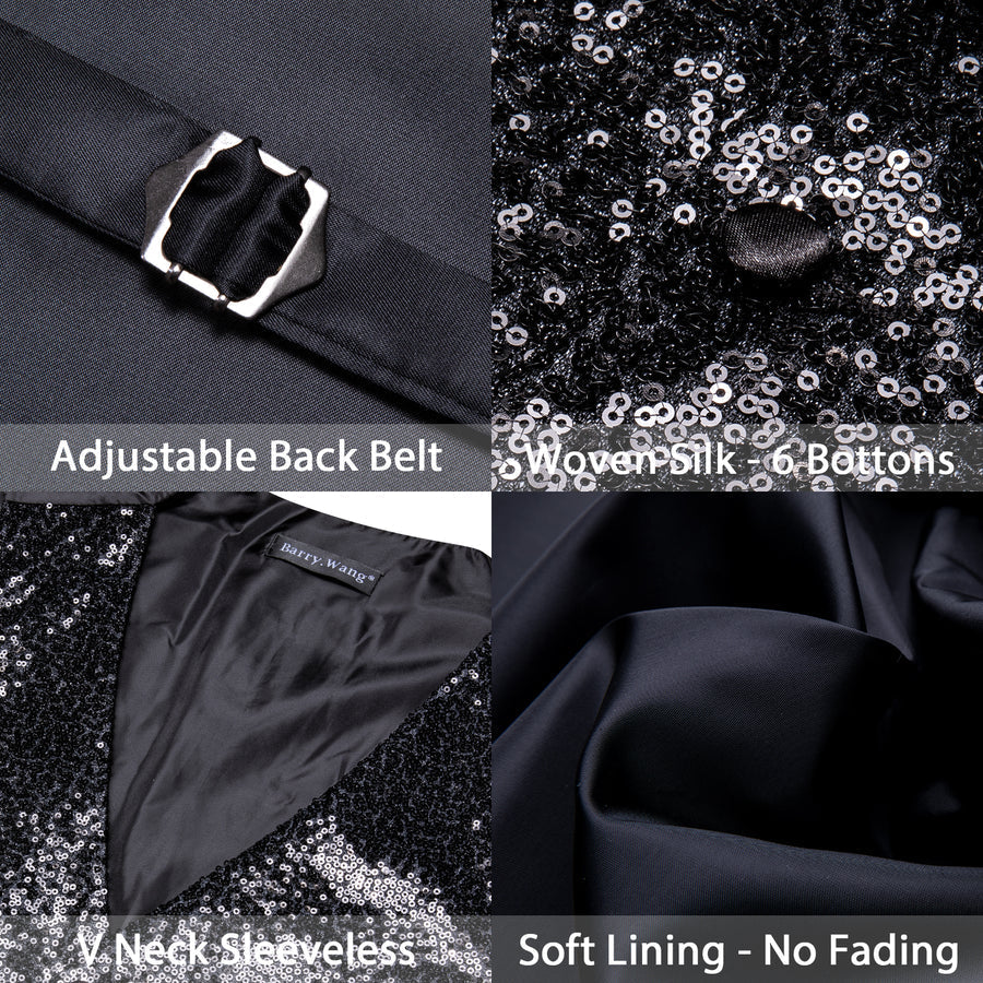 Sequins Black Solid Silk Men's Bowtie Vest Set vest set - Sophisticated Gentlemen