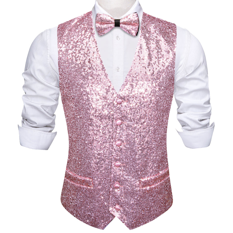 Sequins Pink Solid Silk Men's Bowtie Vest Set vest set - Sophisticated Gentlemen