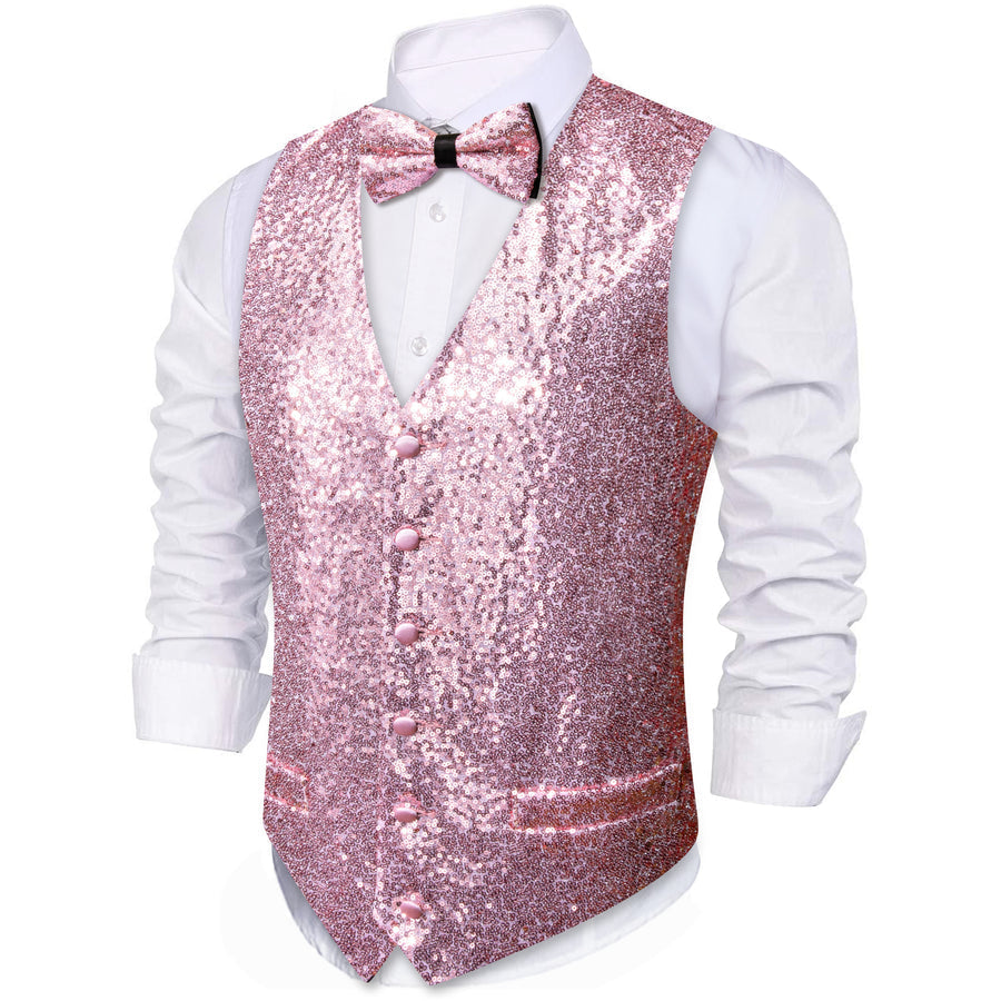 Sequins Pink Solid Silk Men's Bowtie Vest Set vest set - Sophisticated Gentlemen
