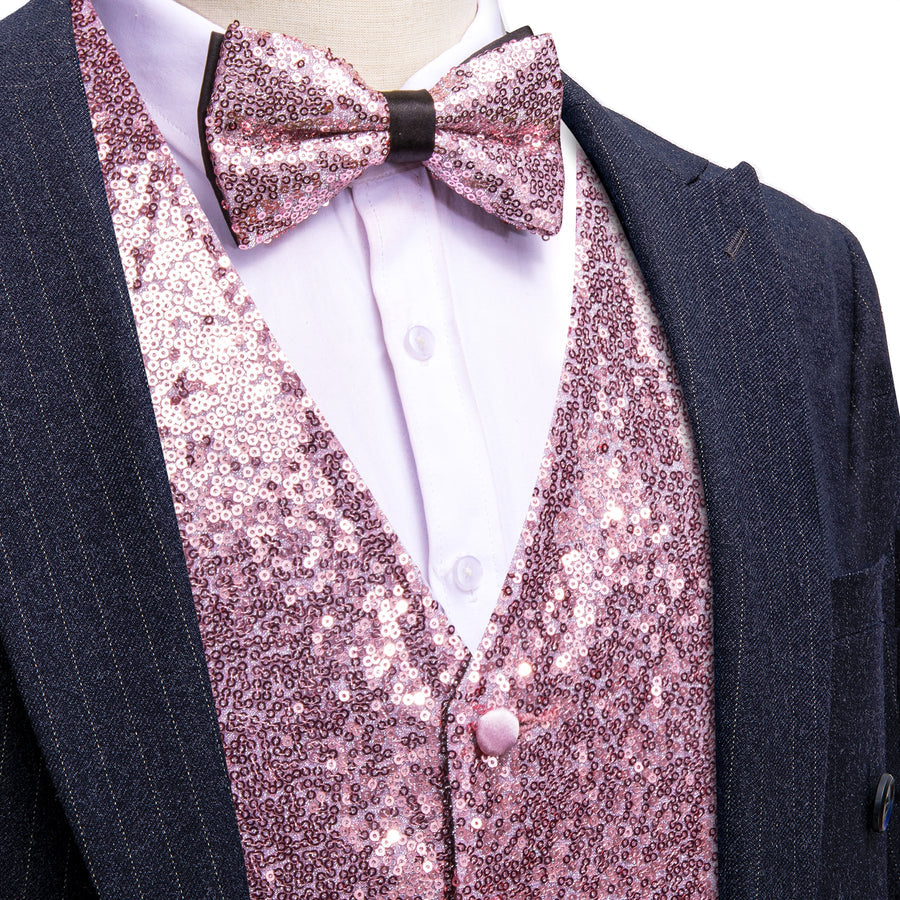 Sequins Pink Solid Silk Men's Bowtie Vest Set vest set S (Chest 40") - Sophisticated Gentlemen