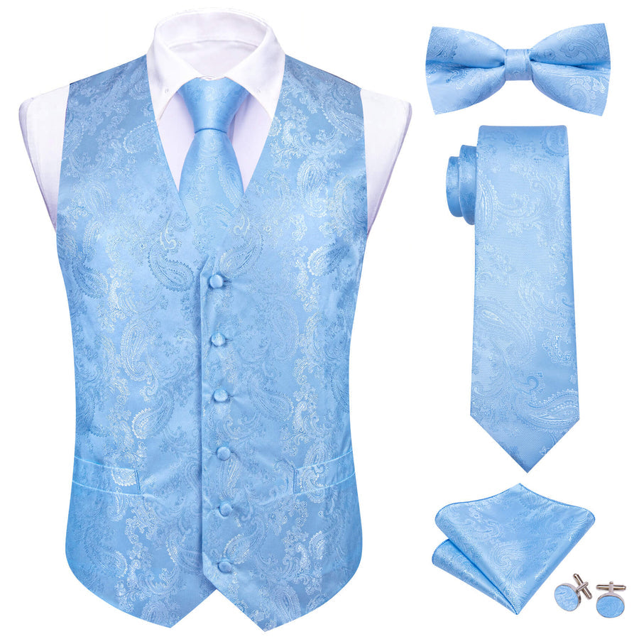 New Arctic Blue Paisley Bowtie Vest Set vest set S (Chest 40") - Sophisticated Gentlemen