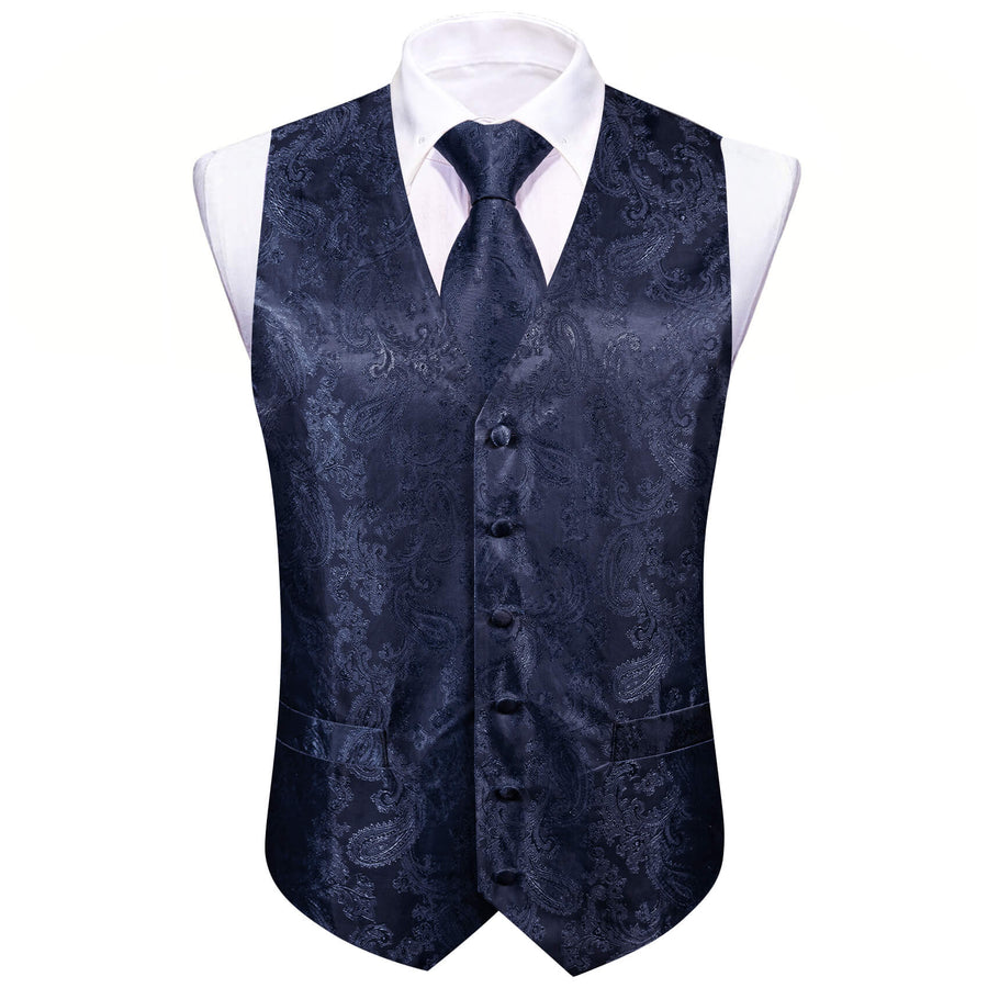 Denim Blue Woven Paisley Bowtie Vest Set vest set - Sophisticated Gentlemen