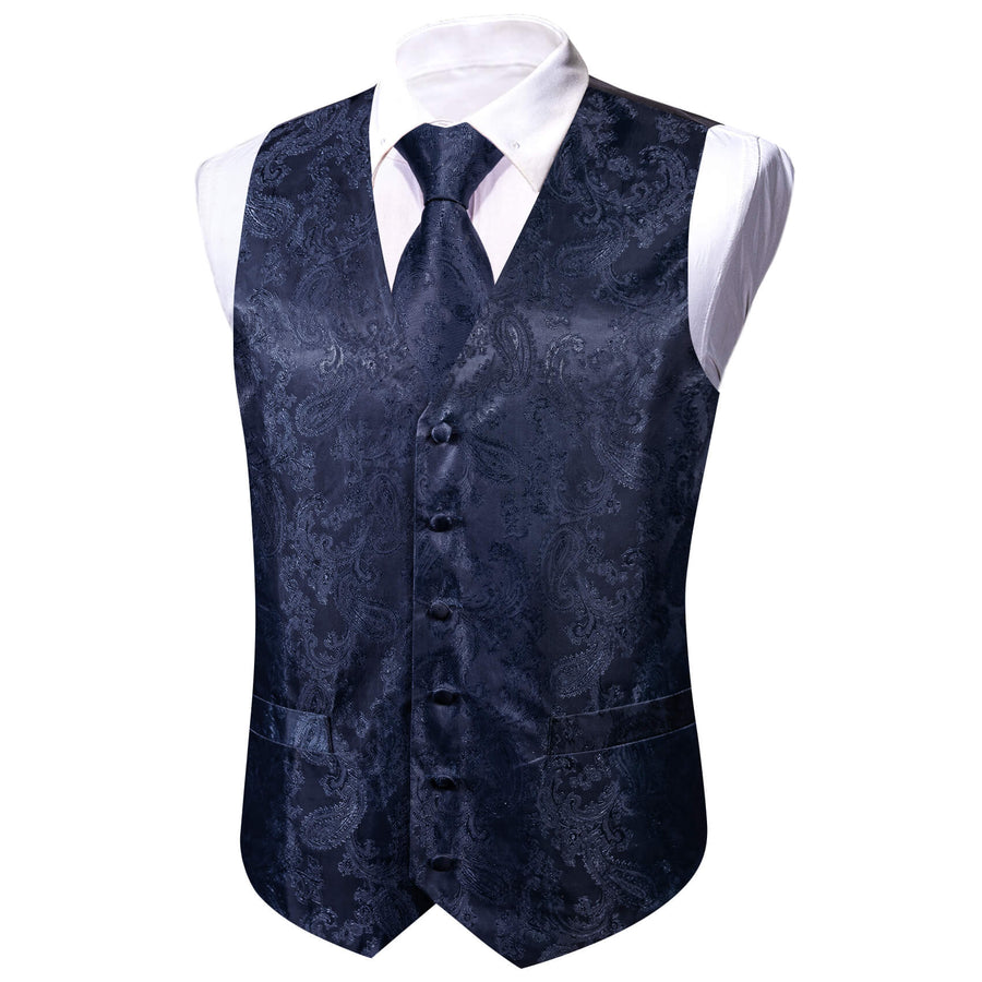 Denim Blue Woven Paisley Bowtie Vest Set vest set - Sophisticated Gentlemen