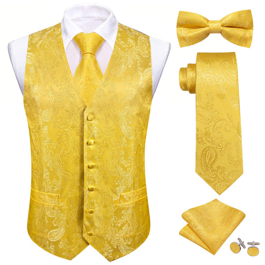 Gold Woven Paisley Silk Bowtie Vest Set vest set S (Chest 40")   - Sophisticated Gentlemen