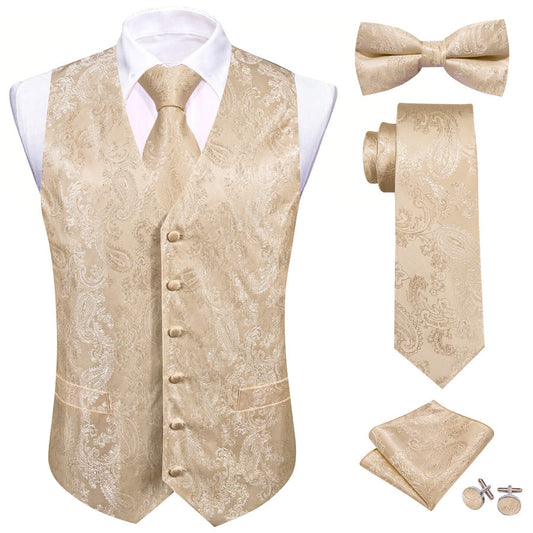 Champagne Paisley Silk Bowtie Vest Set vest set S (Chest 40")   - Sophisticated Gentlemen