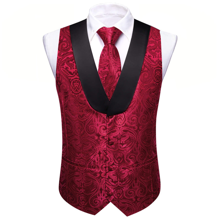 Burgundy Red Jacquard Paisley Silk Shawl Collar Vest Set vest set - Sophisticated Gentlemen