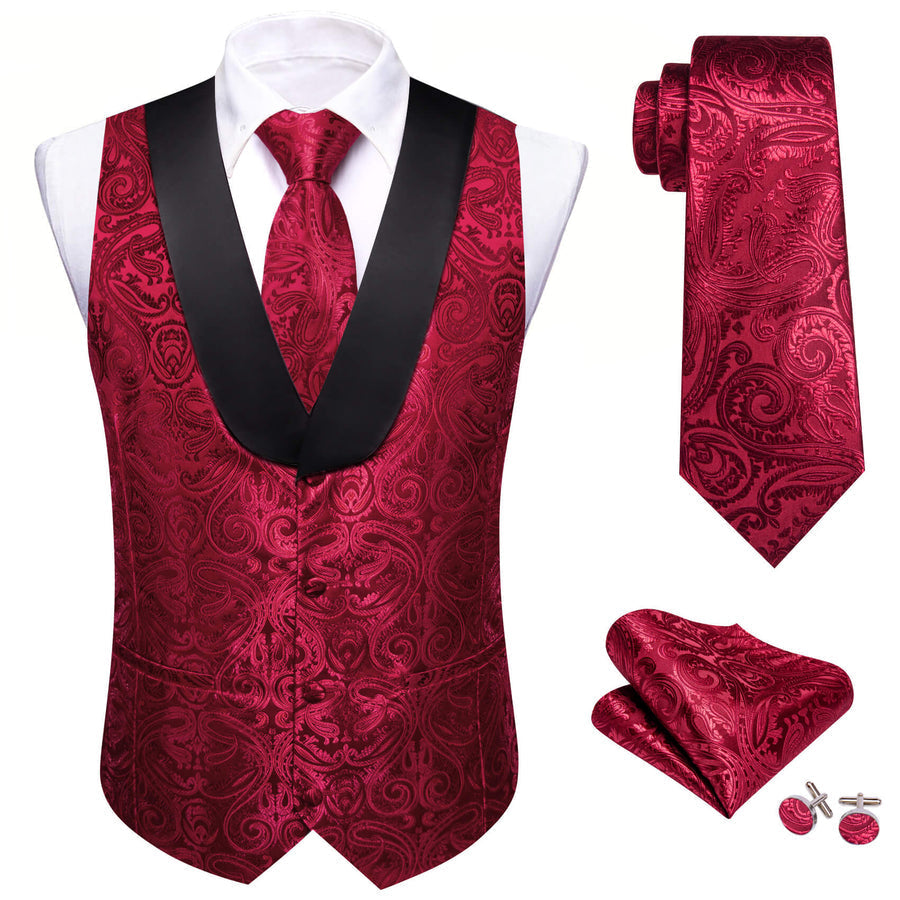 Burgundy Red Jacquard Paisley Silk Shawl Collar Vest Set vest set - Sophisticated Gentlemen