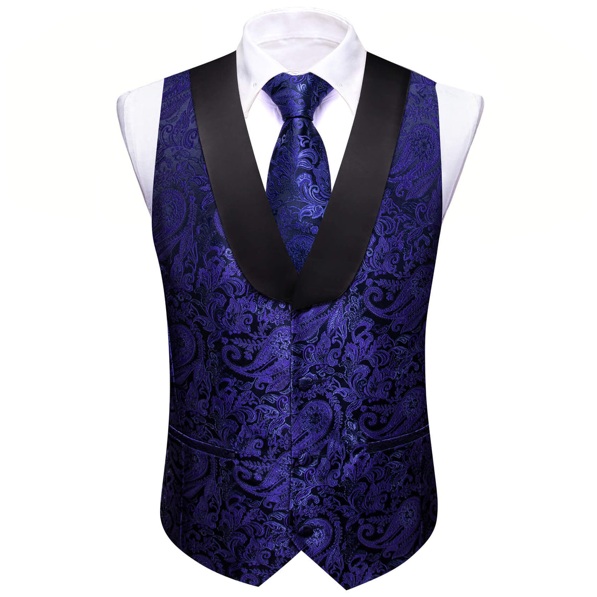 Navy Blue Paisley Vest Set with Black Collar vest set S (Chest 41) - Sophisticated Gentlemen