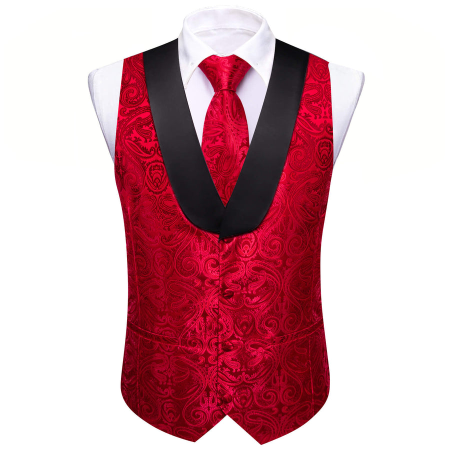 Red Jacquard Paisley Shawl Collar Silk Vest Set vest set - Sophisticated Gentlemen