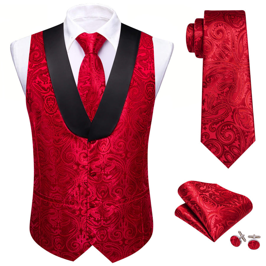 Red Jacquard Paisley Shawl Collar Silk Vest Set vest set - Sophisticated Gentlemen