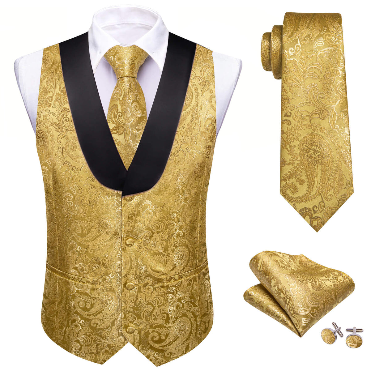 Gold Paisley Vest Set with Black Collar vest set - Sophisticated Gentlemen