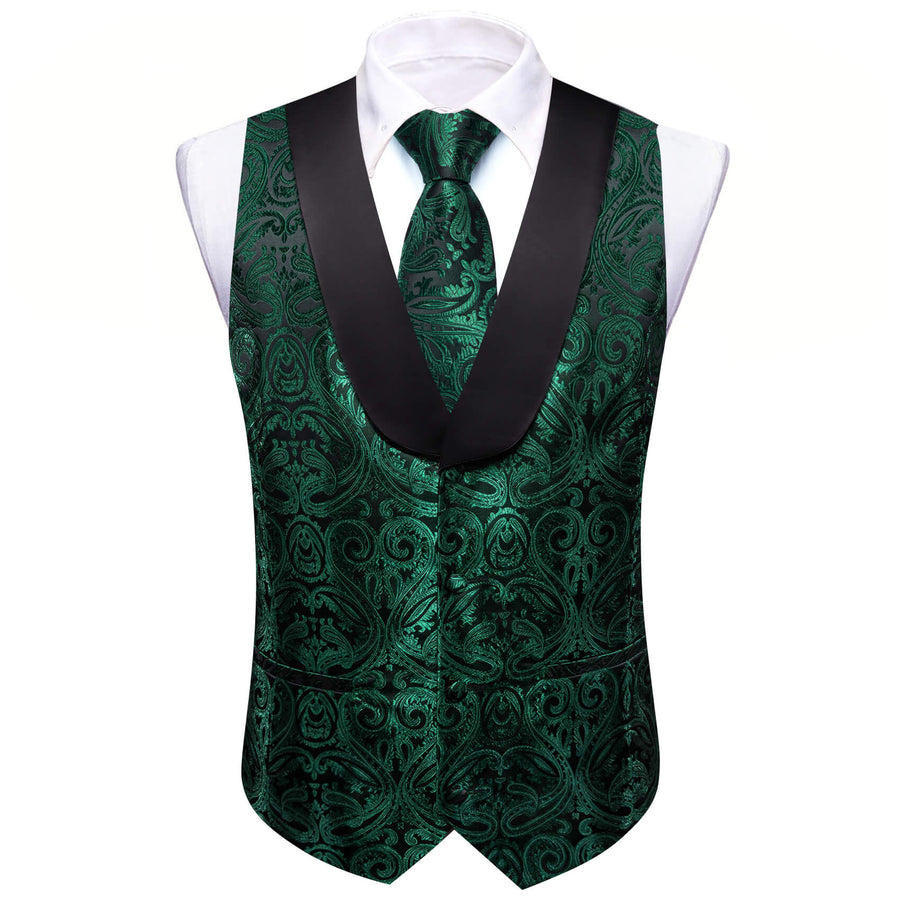 Shawl Collar Dark Green Jacquard Paisley Men's Silk Vest Set vest set - Sophisticated Gentlemen
