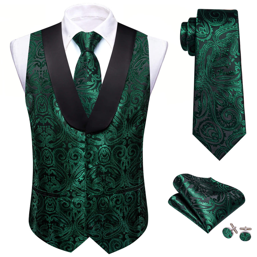 Shawl Collar Dark Green Jacquard Paisley Men's Silk Vest Set vest set - Sophisticated Gentlemen