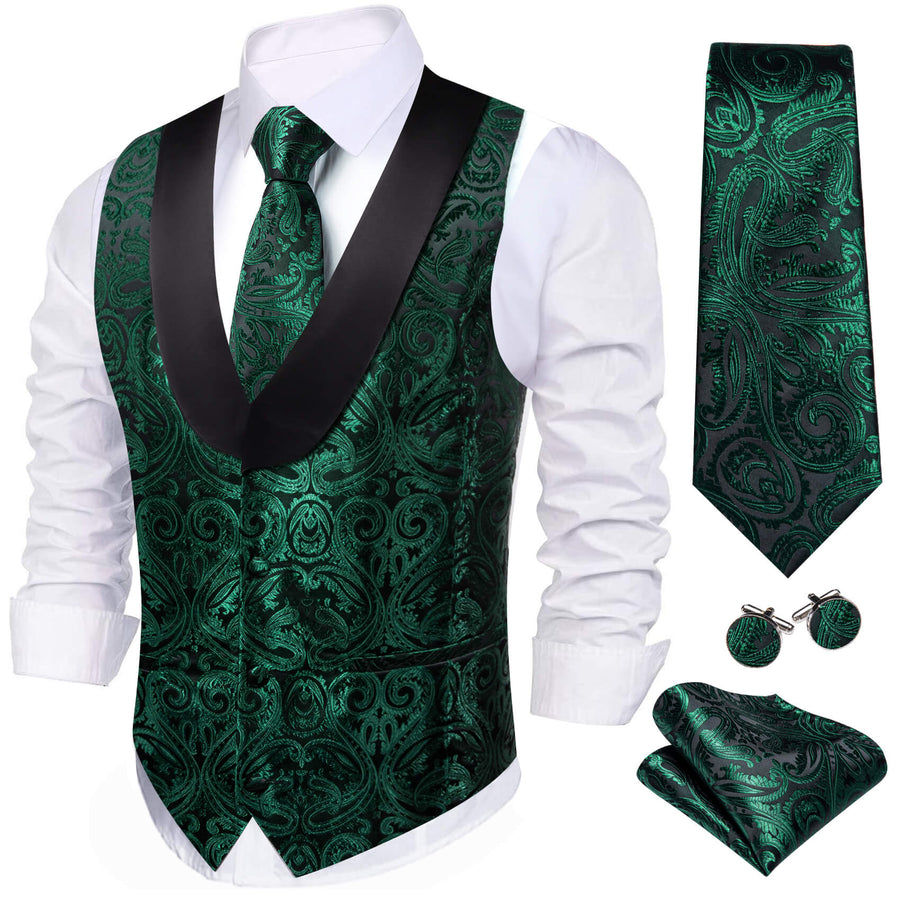 Shawl Collar Dark Green Jacquard Paisley Men's Silk Vest Set vest set S (Chest 40") - Sophisticated Gentlemen