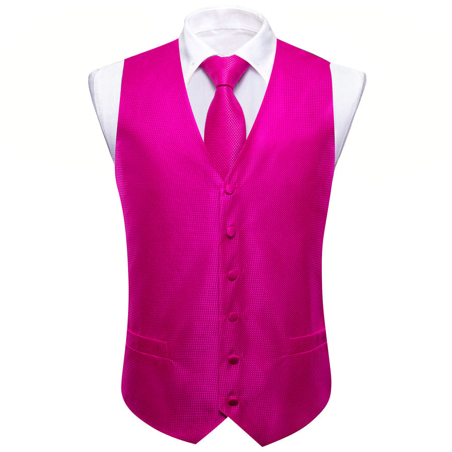 Magenta Pink Solid Silk V Neck Collar Vest Set vest set - Sophisticated Gentlemen