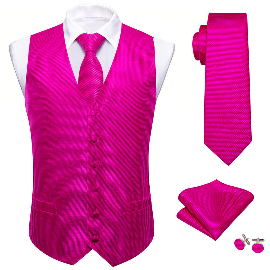 Magenta Pink Solid Silk V Neck Collar Vest Set vest set - Sophisticated Gentlemen