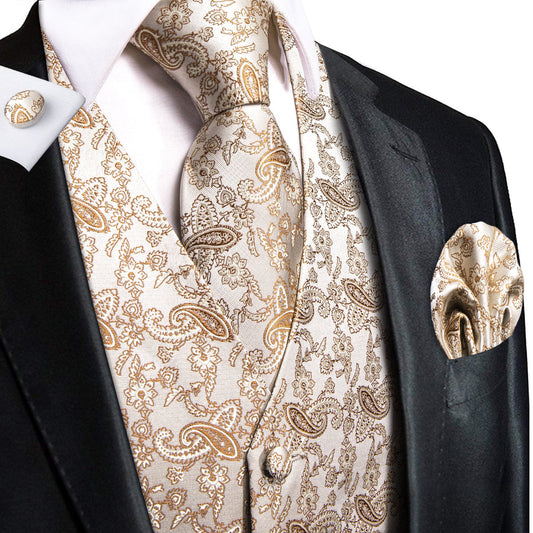 New Champagne White Paisley Jacquard Silk Vest Set vest set S (Chest 40")   - Sophisticated Gentlemen