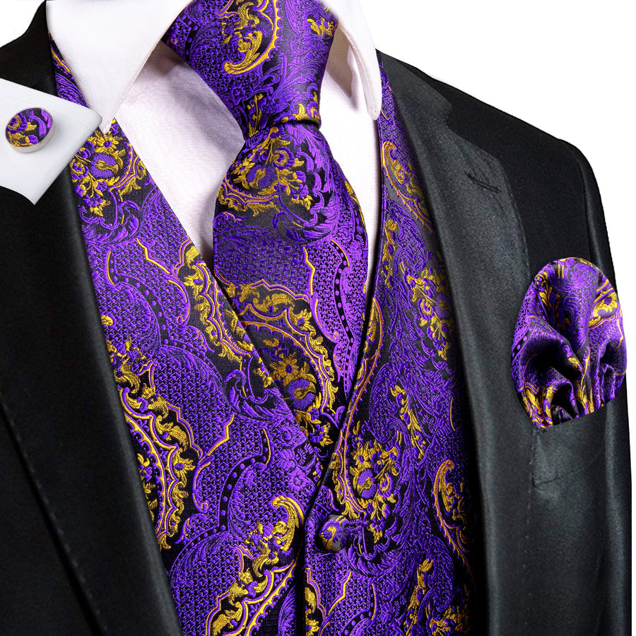 Purple and Gold Paisley Silk Vest Set vest set S (Chest 40") - Sophisticated Gentlemen