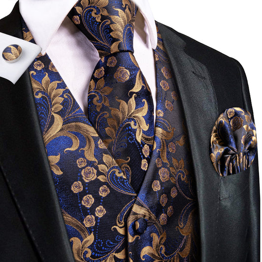Royal Blue Floral Jacquard Silk Vest Set vest set S (Chest 40")   - Sophisticated Gentlemen