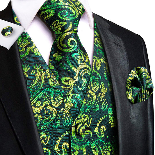 Dark Green Paisley Jacquard Silk Men's Vest Set vest set S (Chest 40")   - Sophisticated Gentlemen