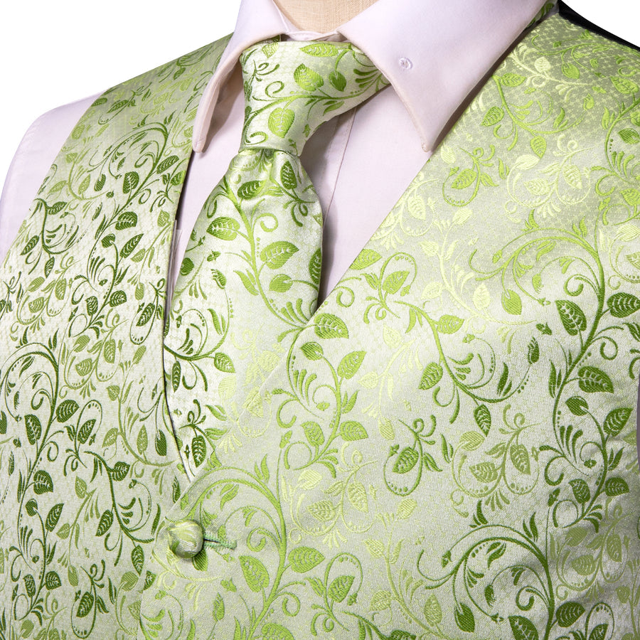 Apple Green Floral Jacquard Silk Vest Set vest set - Sophisticated Gentlemen