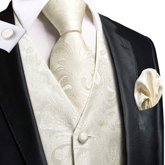 Beige White Paisley Jacquard Silk Vest Set vest set S (Chest 40")   - Sophisticated Gentlemen