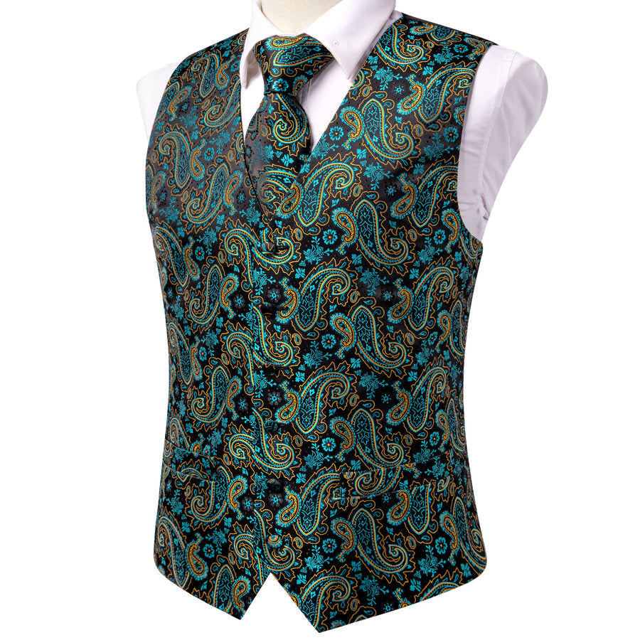 Black Lake Blue Paisley Jacquard Silk Men's Vest Set vest set - Sophisticated Gentlemen
